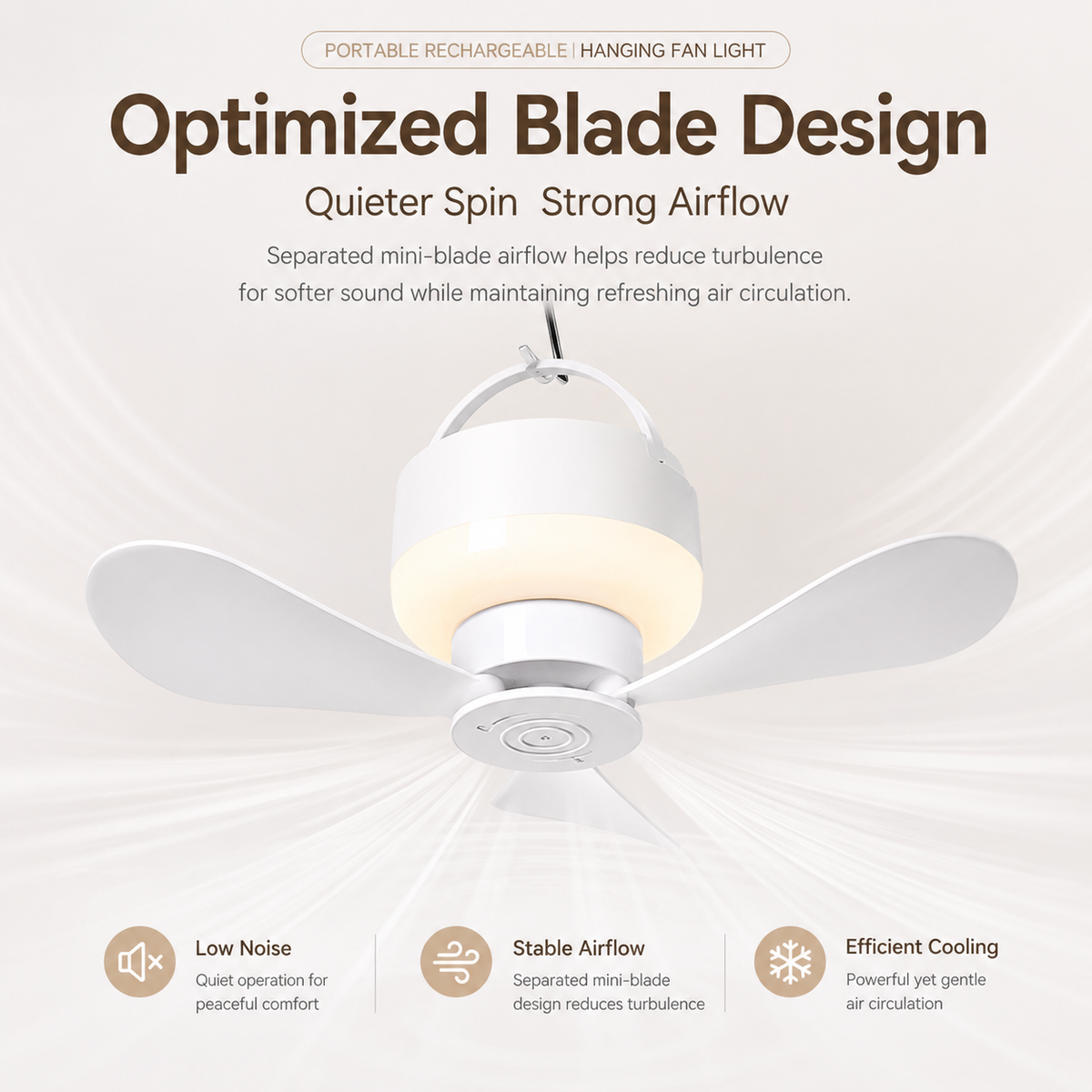 Portable Rechargeable Hanging Fan Light for Indoor & Outdoor Use