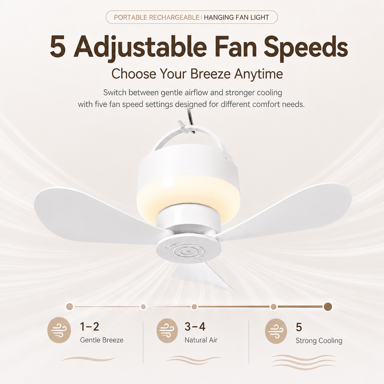 Portable Rechargeable Hanging Fan Light for Indoor & Outdoor Use