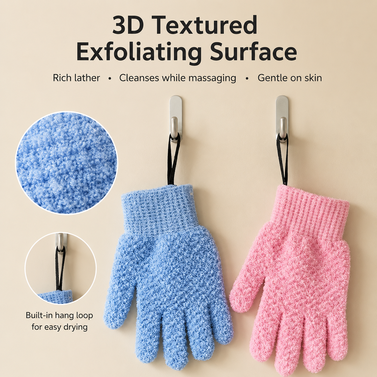 2 Pairs PureScrub 3D Textured Five-Finger Exfoliating Bath Glove