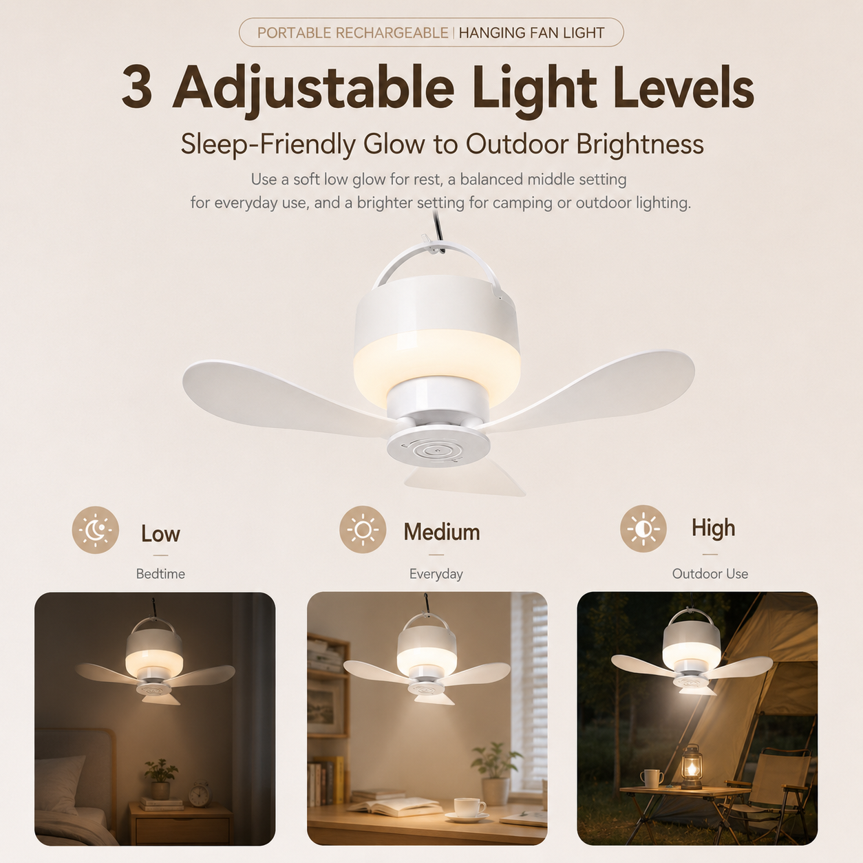 Portable Rechargeable Hanging Fan Light for Indoor & Outdoor Use
