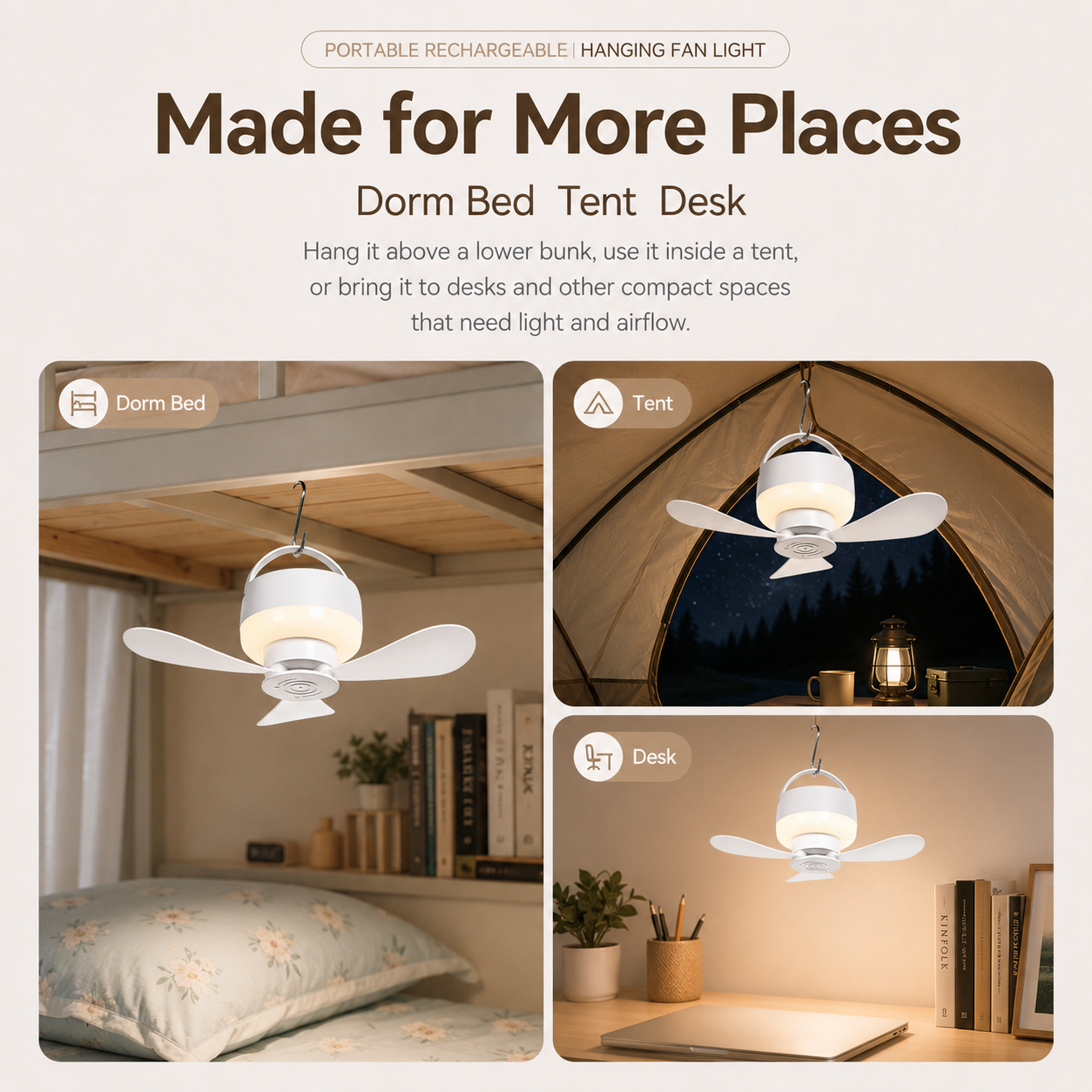Portable Rechargeable Hanging Fan Light for Indoor & Outdoor Use