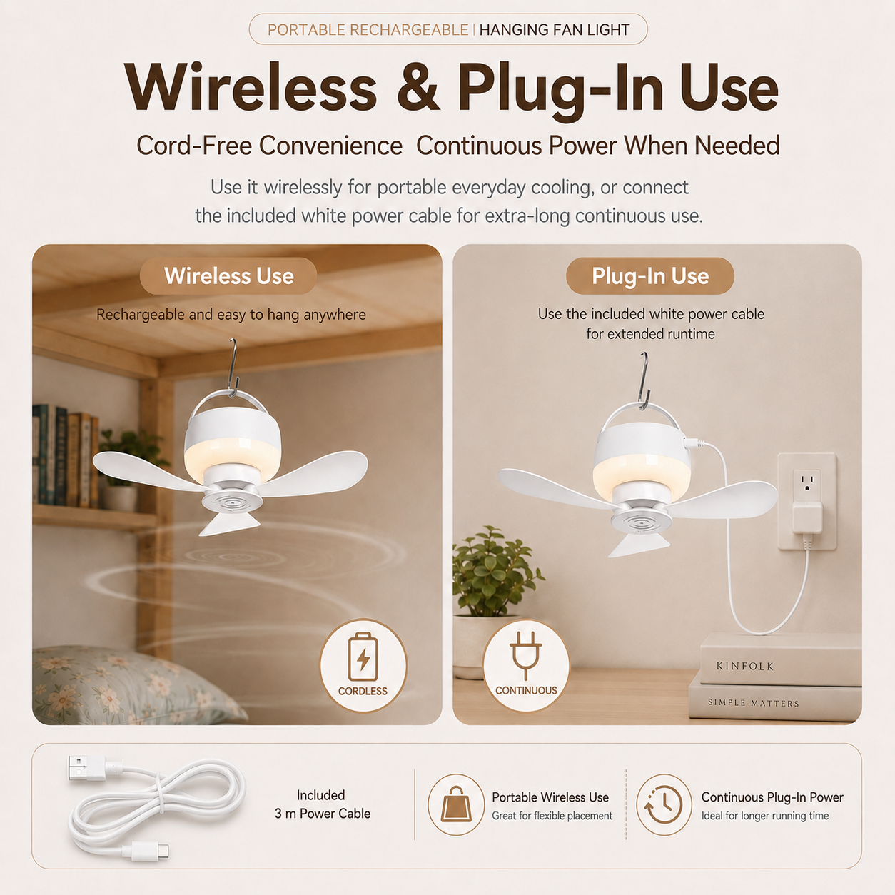 Portable Rechargeable Hanging Fan Light for Indoor & Outdoor Use