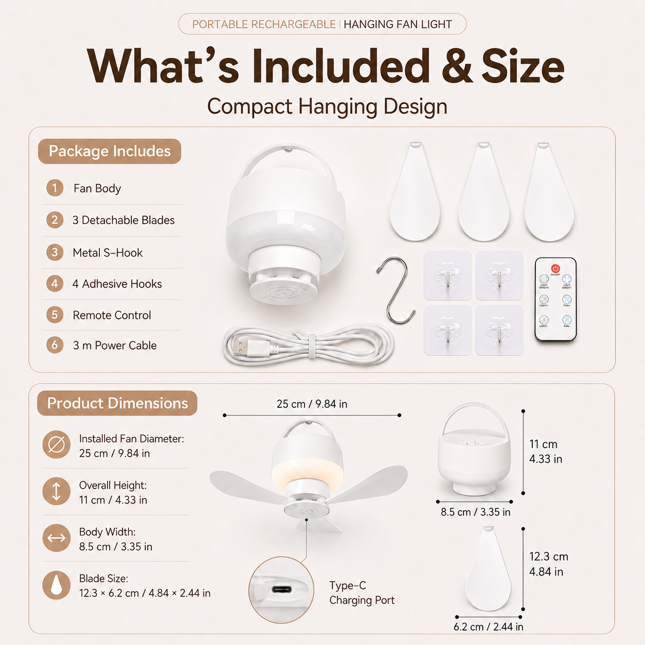 Portable Rechargeable Hanging Fan Light for Indoor & Outdoor Use